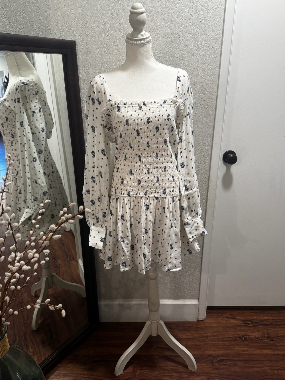 Free People Two Faces Ivory Smocked Mini Dress with Blue Floral Print Size M